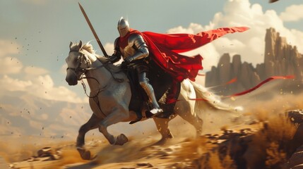 A heroic knight in red armor, riding a white horse in a desert landscape, brandishing a sword. Sand swirls around them, evoking a medieval fairytale.