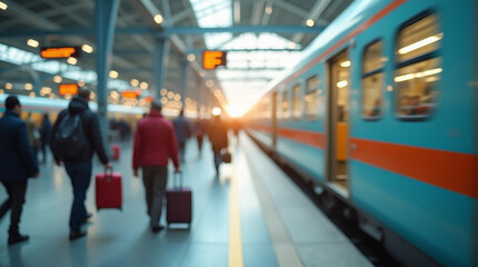 A blurry scene of everyday life at a busy city train station. Passengers rushing to catch trains