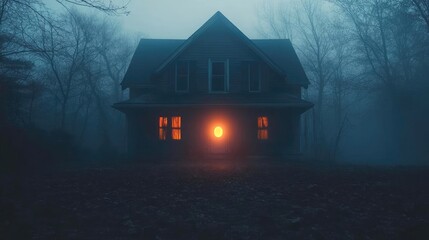 A haunting house shrouded in mist, illuminated by a warm glow from the windows, creating an eerie yet captivating atmosphere.