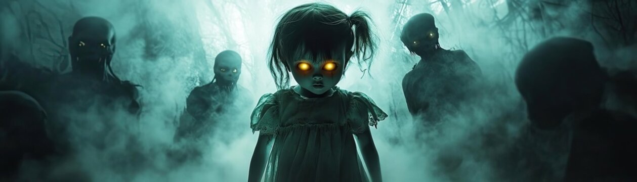 A haunting scene featuring a glowing-eyed doll surrounded by shadowy figures in fog, evoking a chilling atmosphere.