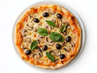 Delicious vegetarian pizza with mushrooms, olives, and fresh basil leaves