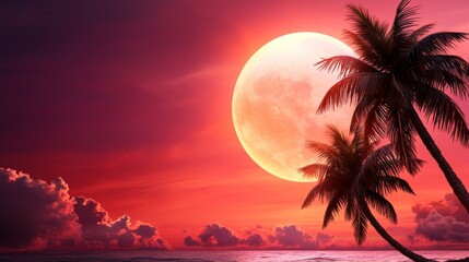 Naklejka premium Tropical Paradise at Dusk with Palm Trees and Moonlight