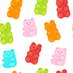 Gummy jelly bears, seamless pattern. Cute gum candies, sweet snacks, chewy confectionery, endless background, texture. Repeating print for wrapping, fabric design. Colored flat vector illustration