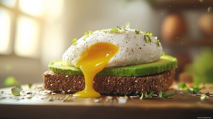 Avocado toast with poached egg - a classic whole grain toast topped with ripe avocado and crowned with a poached egg with a gentle flow of yolk. World Egg Day