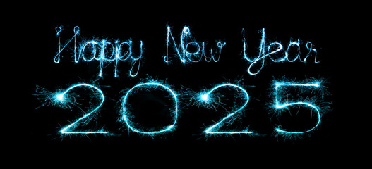 2025 happy new year fireworks celebration written sparkling at night