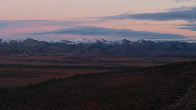 Arctic Circle Landscape In Fall Colors At Dusk In Yukon Territory, Canada. wide shot