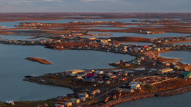 Aerial View Of Arctic Village Of Tuktoyaktuk At Sunrise In Northwest Territories, Canada.