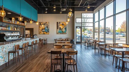 Fototapeta premium A bright, modern café with wooden tables, artistic decor, and large windows offering a view of the outside.