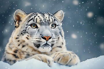 Fototapeta premium Majestic Snow Leopard in Winter Mountains