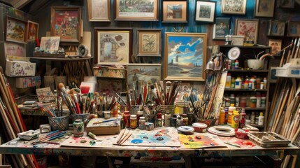 Fototapeta premium Artistic Studio with Brushes and Paints on Table