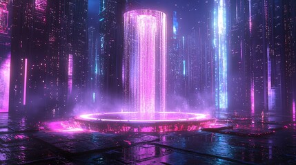 A futuristic urban scene featuring a glowing fountain surrounded by neon lights at night in a vibrant cityscape