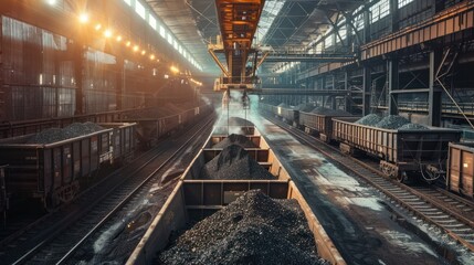 Obraz premium Coal-Filled Freight Cars in an Industrial Setting