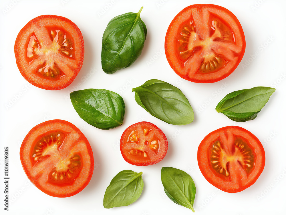 Wall mural Fresh tomato and basil arrangement for culinary design and recipe inspiration