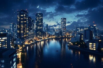 Obraz premium Nighttime cityscape with illuminated buildings and a river.