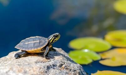 Obraz premium A baby turtle catching some sun on a rock, Generative AI
