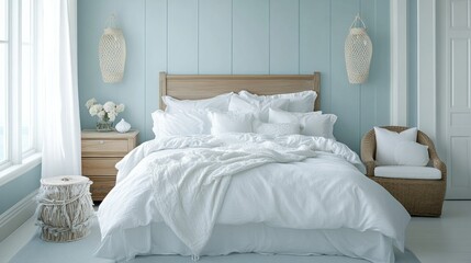 A coastal-themed bedroom with soft blue walls, white bedding, and nautical accents, creating a breezy and relaxed seaside vibe