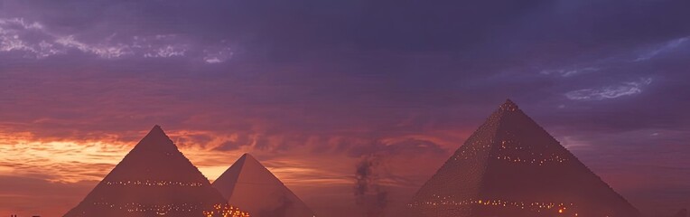 A mysterious scene of figures with glowing pumpkins near ancient pyramids under a dramatic sunset sky, blending cultures and traditions.