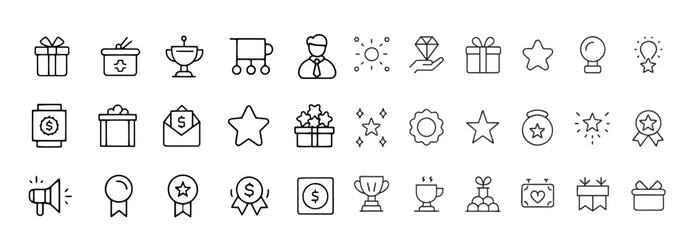 Exclusive benefit, prize, incentive, reward editable stroke outline icons set isolated on white background flat vector illustration
