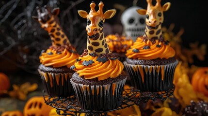 Delicious Halloween cupcakes decorated with giraffe toppers and vibrant orange frosting, perfect for festive celebrations.