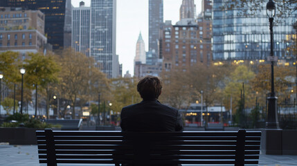 Fototapeta premium A man sitting alone on a park bench with a worried expression, surrounded by empty benches and a blurred cityscape, reflecting the loneliness of unemployment.