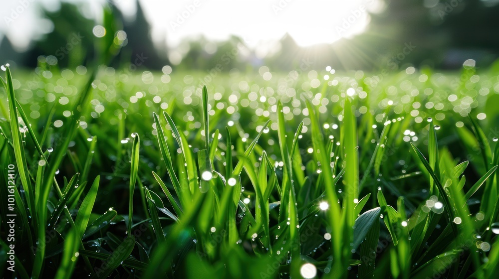 Canvas Prints Dewdrops on Lush Green Grass Blades with Sun Glimmering Through