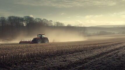 A tractor plows a vast field under a hazy sky, with trees in the background, showcasing the beauty of agricultural life.