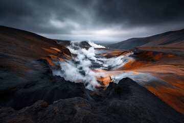 A dramatic volcanic landscape with dark volcanic rocks and red-orange geothermal areas releasing steam and smoke under a stormy sky.