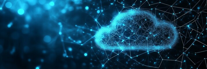 Abstract Digital Cloud on Technology Background with Lines, Connected Dots, and Triangles