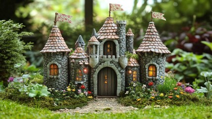 Fototapeta premium A miniature fairy-tale castle playhouse with turrets, flags, and tiny doors, surrounded by green grass and flowers