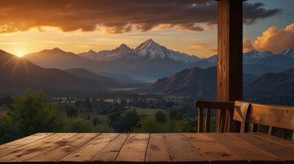 A wooden table with a view of a mountain range at sunset.