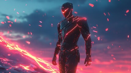 Fototapeta premium Futuristic armored figure stands against a backdrop of glowing lava at dawn on a volcanic landscape