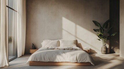 A modern minimalist bedroom with a clean, simple design, low-profile furniture, and a calming monochromatic color scheme