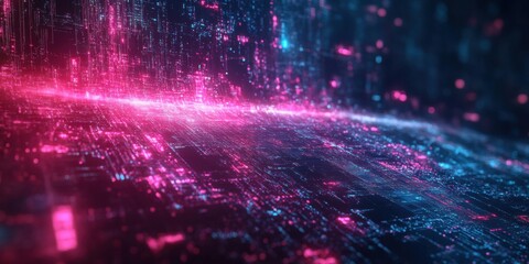 Obraz premium Exploring a Futuristic Technology Landscape with Neon Lights and Data Visualization