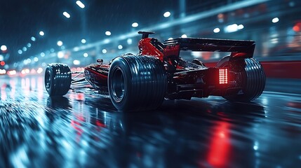 Naklejka premium A red and black formula one race car speeds down a wet city street under neon lights.