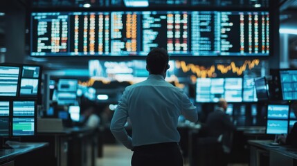 A busy trading floor with global stock market data displayed on large screens, business professionals monitoring market activity