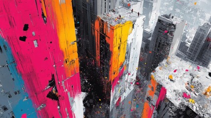 Aerial view of dancers weaving through crumbling skyscrapers, urban decay meets dynamic movement, vibrant colors clash with gray tones