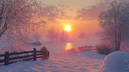 A serene New Year's morning scene with a sunrise over a quiet snowy landscape, symbolizing fresh beginnings and new hopes