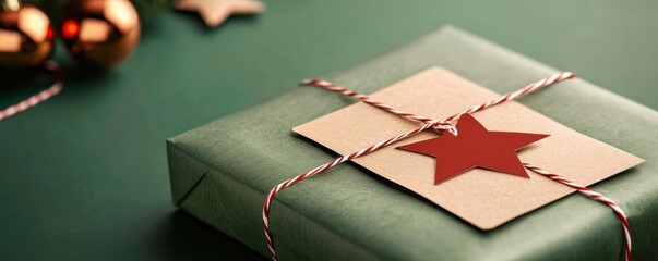 Naklejka premium Festive green wrapping with a red-and-gold label and intricate Christmas star design