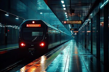Night Train at Urban Station with Contrasting Lights