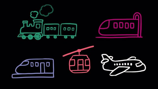 Animated Transportation Doodle Set 3: Train, Metro, Plane & Cable Car - wiggle icon stickers clean colorful outlines on a transparent background