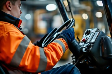 In an industrial setting, a mature worker in an orange jacket operates a forklift with precision, showcasing the importance of safety gear in demanding environments.