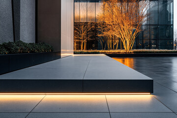 Modern architectural exterior with minimalistic design featuring a sleek stone platform illuminated...