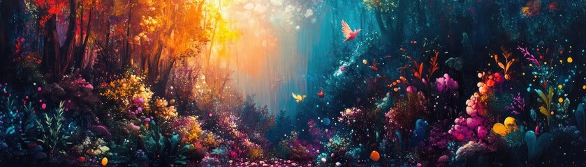 Close-up shot of a vibrant urban jungle, infused with surrealist art elements and magical creatures, vivid colors, imaginative details, ethereal atmosphere