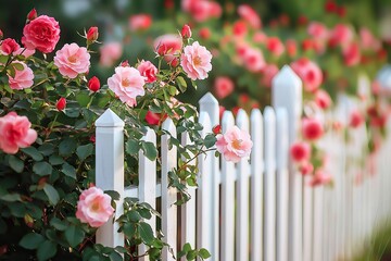 White Garden Fence Enclosing a Blooming Pink Rose Bush with Lush Green Foliage in Spring and Summer