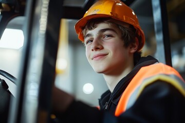 A teenager in safety clothing, happily operates a forklift among the shelves of a warehouse, highlighting youthful energy and commitment in an industrial setting.