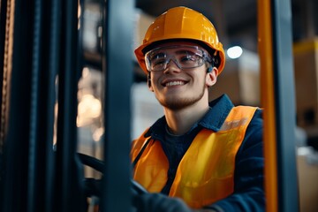 A happy forklift operator in a high-visibility jacket is seen actively driving in a warehouse, exuding a sense of safety, diligence, and operational excellence.