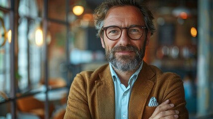 Obraz premium prosperous businessman keeps hands crossed, has satisfied expression