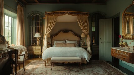 A vintage-inspired bedroom featuring antique furnishings, a canopy bed, and soft pastel colors for a romantic and nostalgic vibe