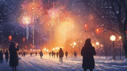 Fototapeta premium A wintery outdoor New Year's celebration with people in cozy coats watching fireworks from a snowy park, with hot drinks in hand