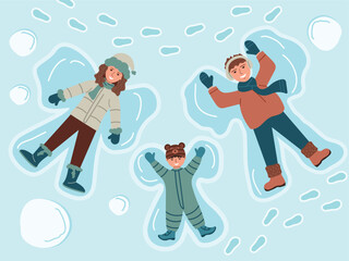 Family making Snow Angels in the snow in winter. Winter flat background top view of happy family